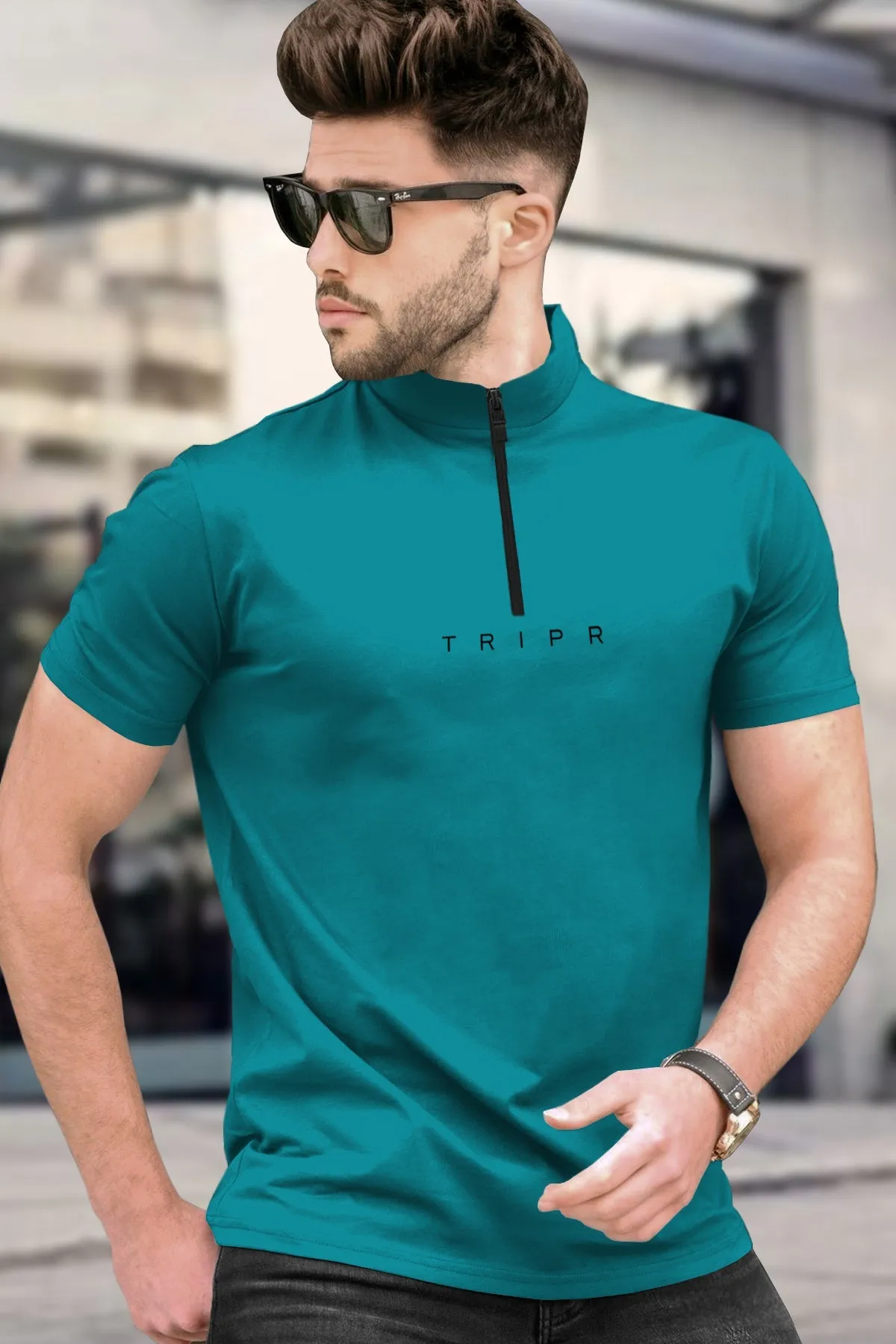 Men Solid Zip Neck Royal Green T-Shirt