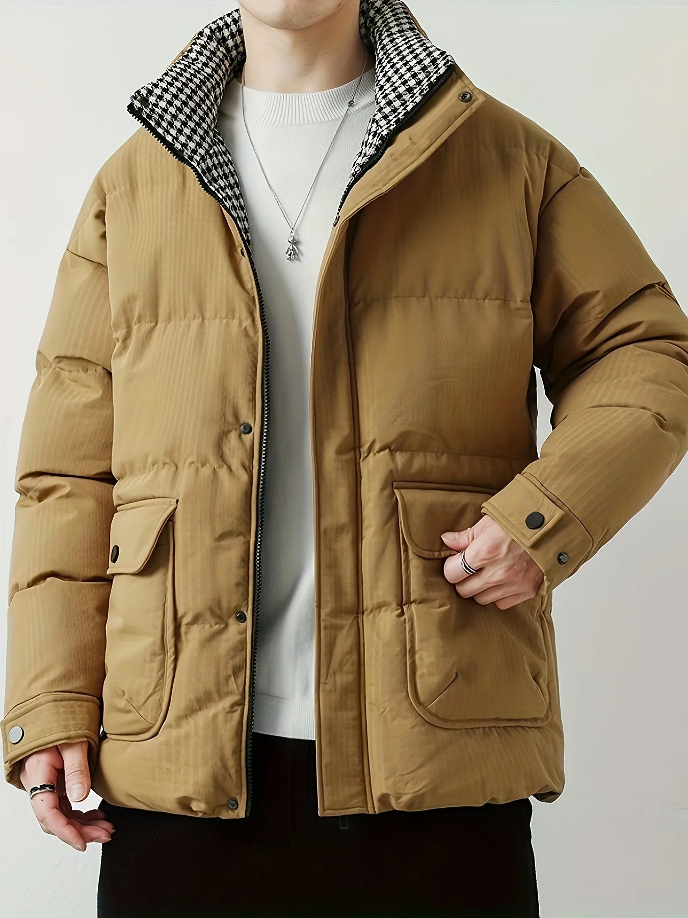 Men's Casual Stylish Faux Down Winter Jacket with Band Collar and Padding | Ideal for Autumn/Winter
