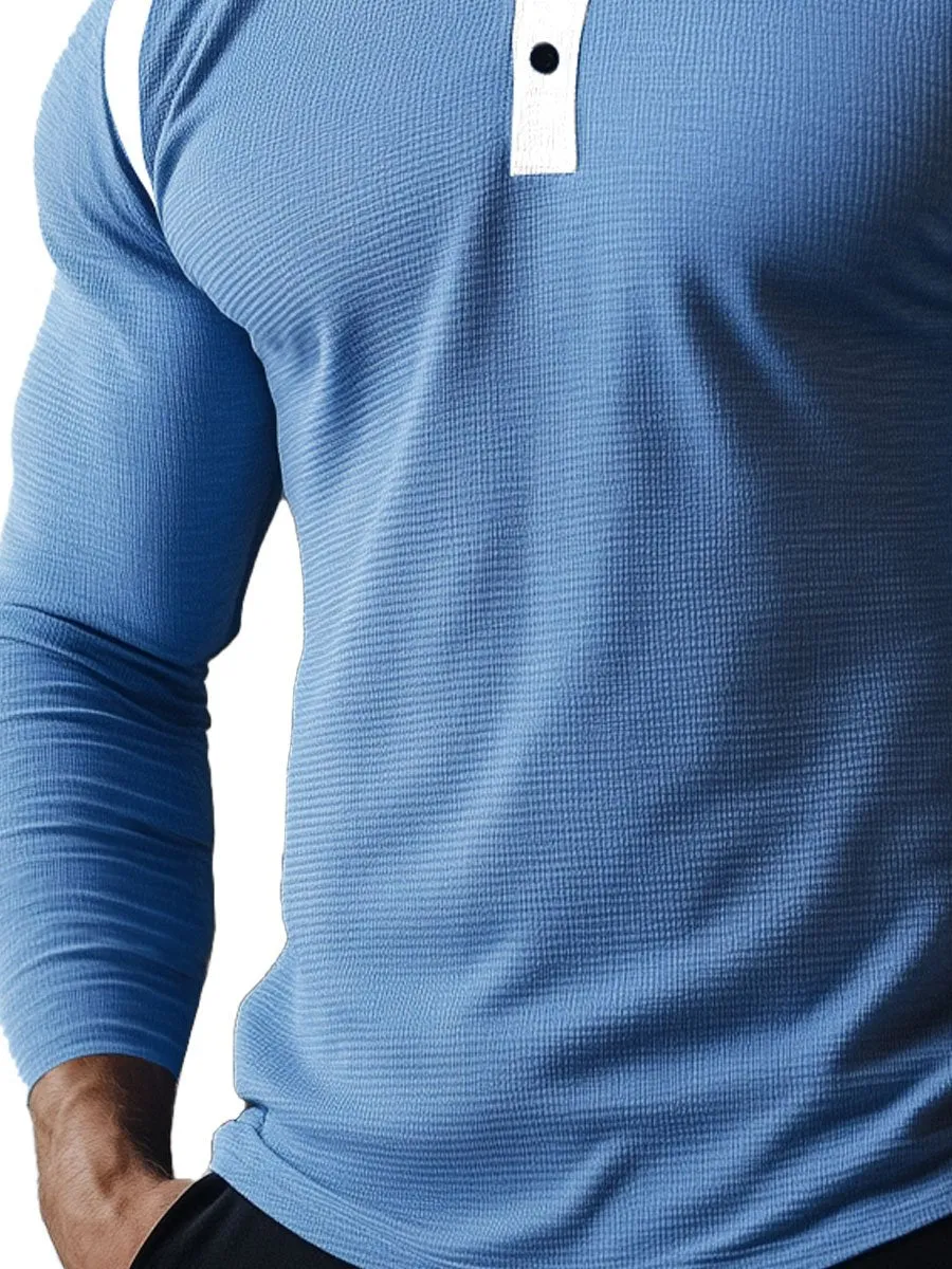 Men's Contrast Henley Collar Waffle Long Sleeve T-Shirt