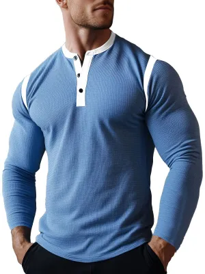 Men's Contrast Henley Collar Waffle Long Sleeve T-Shirt