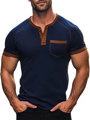 Men's Henley Collar Contrast Raglan Sleeve Cotton Short Sleeve T-Shirt