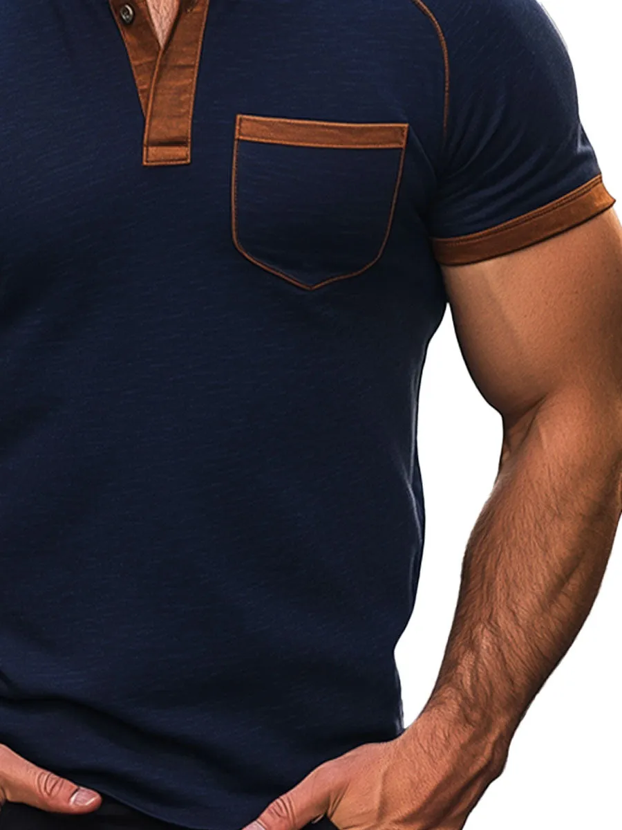 Men's Henley Collar Contrast Raglan Sleeve Cotton Short Sleeve T-Shirt