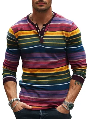 Men's Rainbow Stripe Print Henley Neck Long Sleeve T-Shirt
