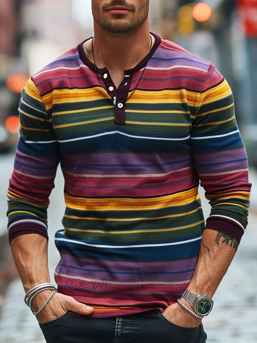 Men's Rainbow Stripe Print Henley Neck Long Sleeve T-Shirt