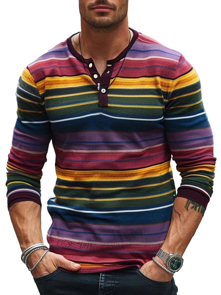 Men's Rainbow Stripe Print Henley Neck Long Sleeve T-Shirt