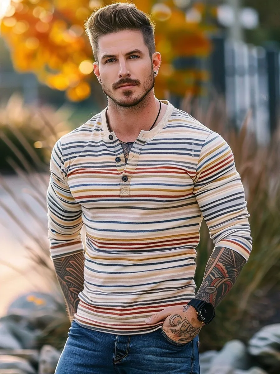 Men's Vintage Striped Henley Neck Long Sleeve T-Shirt