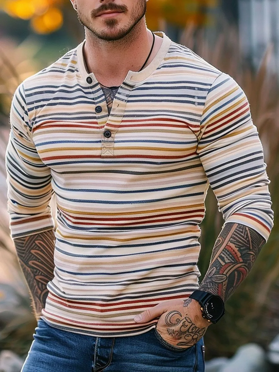 Men's Vintage Striped Henley Neck Long Sleeve T-Shirt