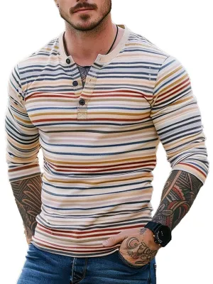 Men's Vintage Striped Henley Neck Long Sleeve T-Shirt