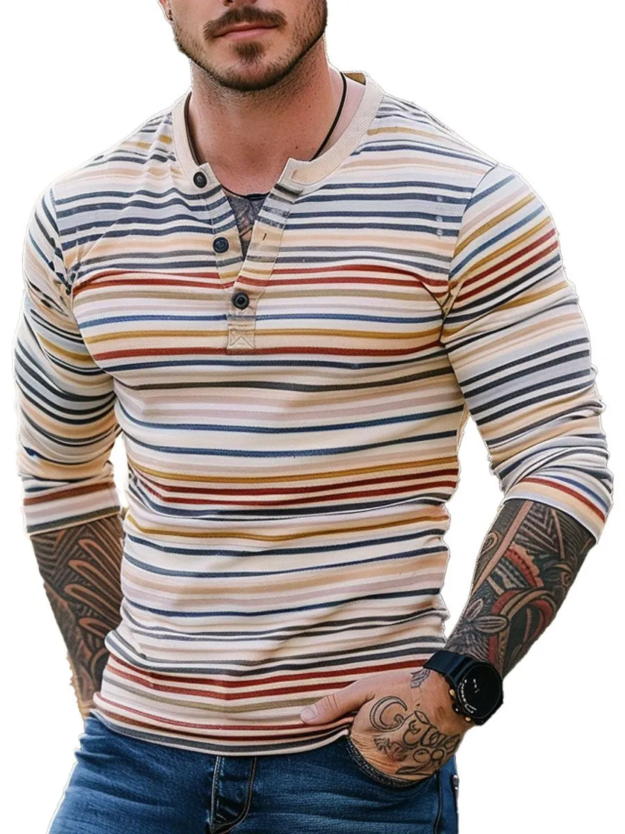 Men's Vintage Striped Henley Neck Long Sleeve T-Shirt