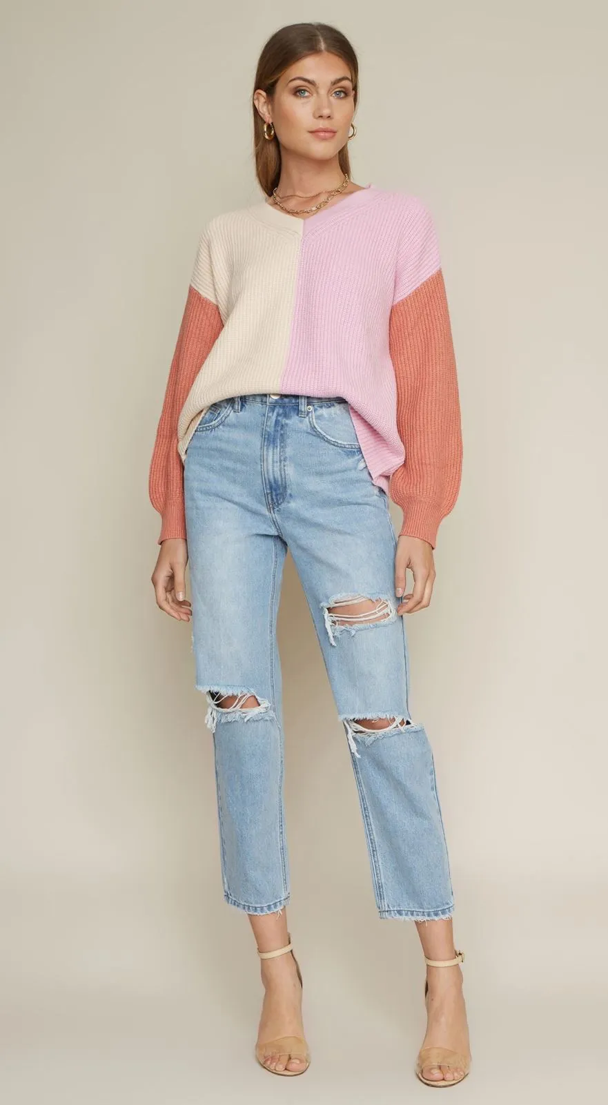 multi striped long sleeve knit sweater - pink/natural