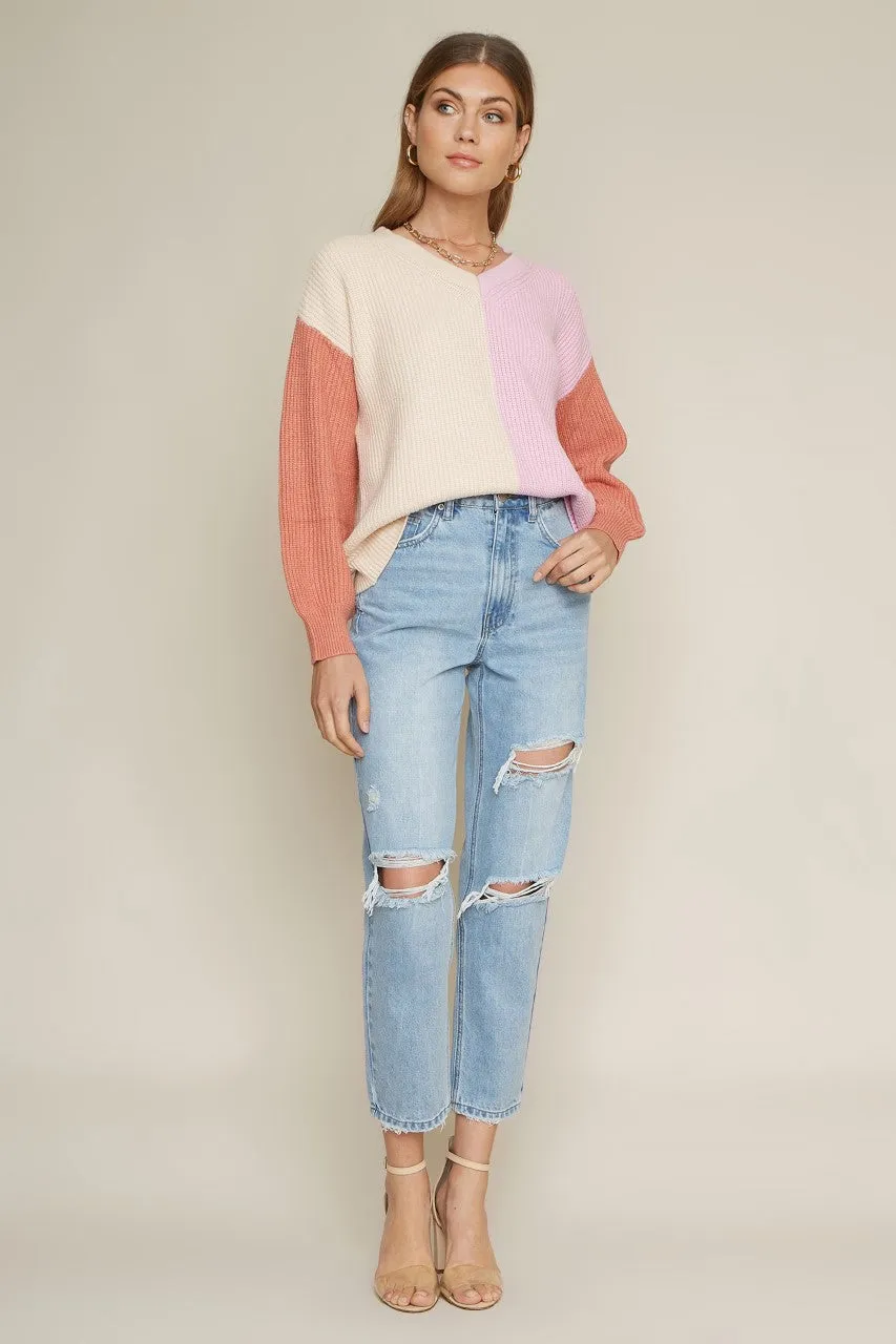 multi striped long sleeve knit sweater - pink/natural