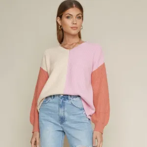 multi striped long sleeve knit sweater - pink/natural