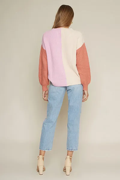 multi striped long sleeve knit sweater - pink/natural