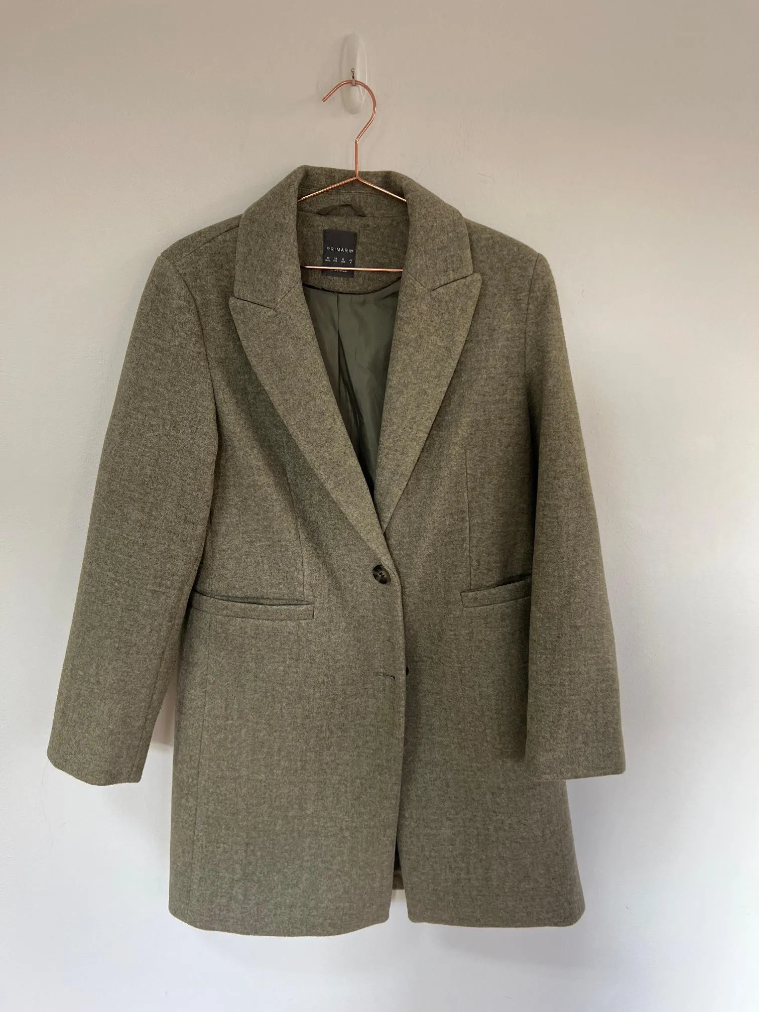 Muted Green Button Down Coat, Primark, Size 10 (Polyester)