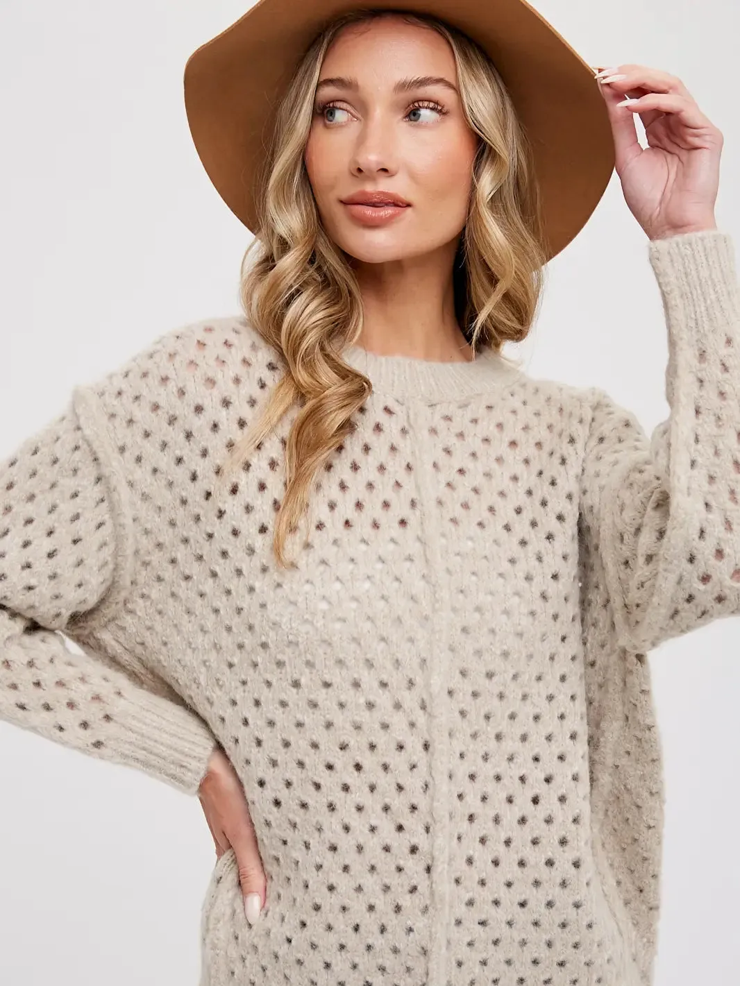 OPEN KNIT CREW NECK PULLOVER