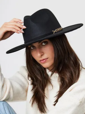 Oversized Fedora Hat in Black with Buckle Detail and Size Adjuster