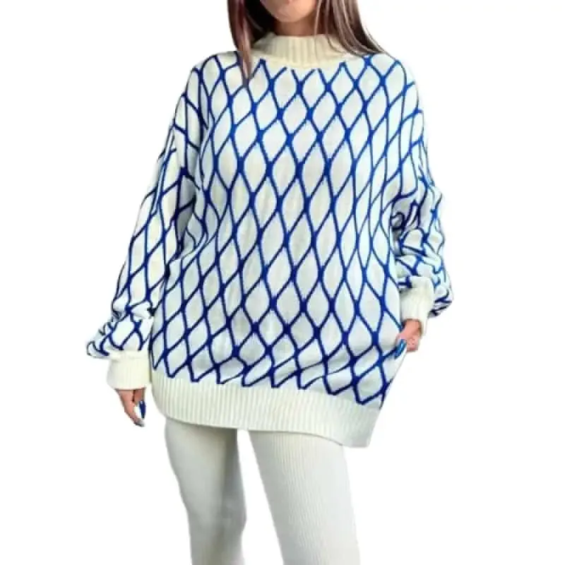Oversized Green Plaid Sweater Half Turtleneck Knitted Top