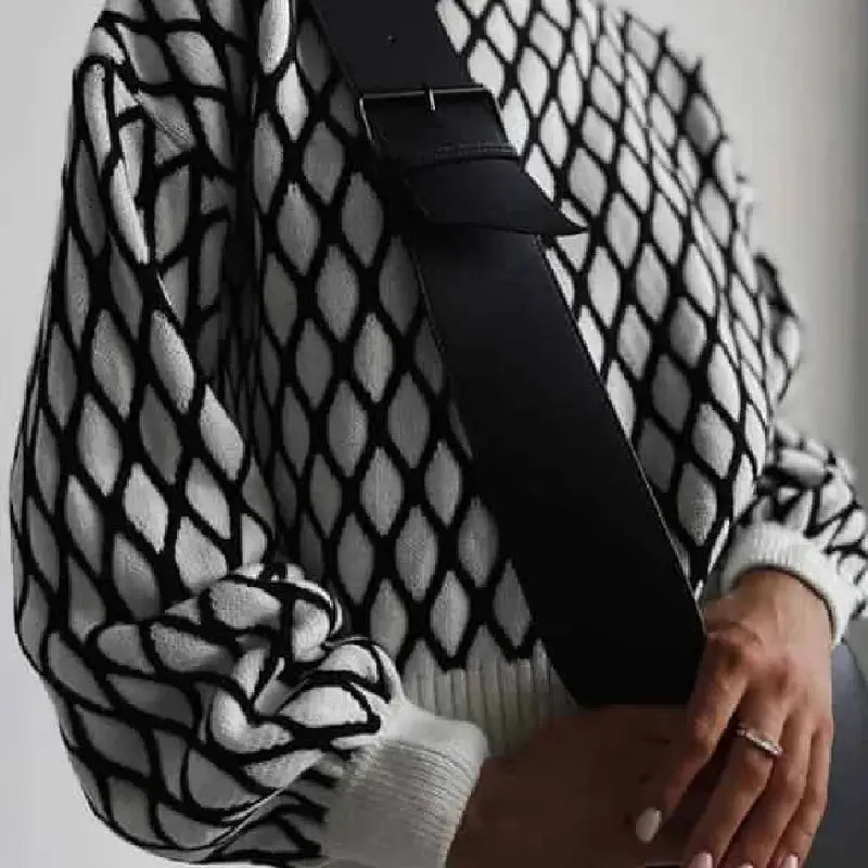 Oversized Green Plaid Sweater Half Turtleneck Knitted Top