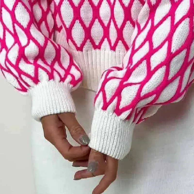 Oversized Green Plaid Sweater Half Turtleneck Knitted Top