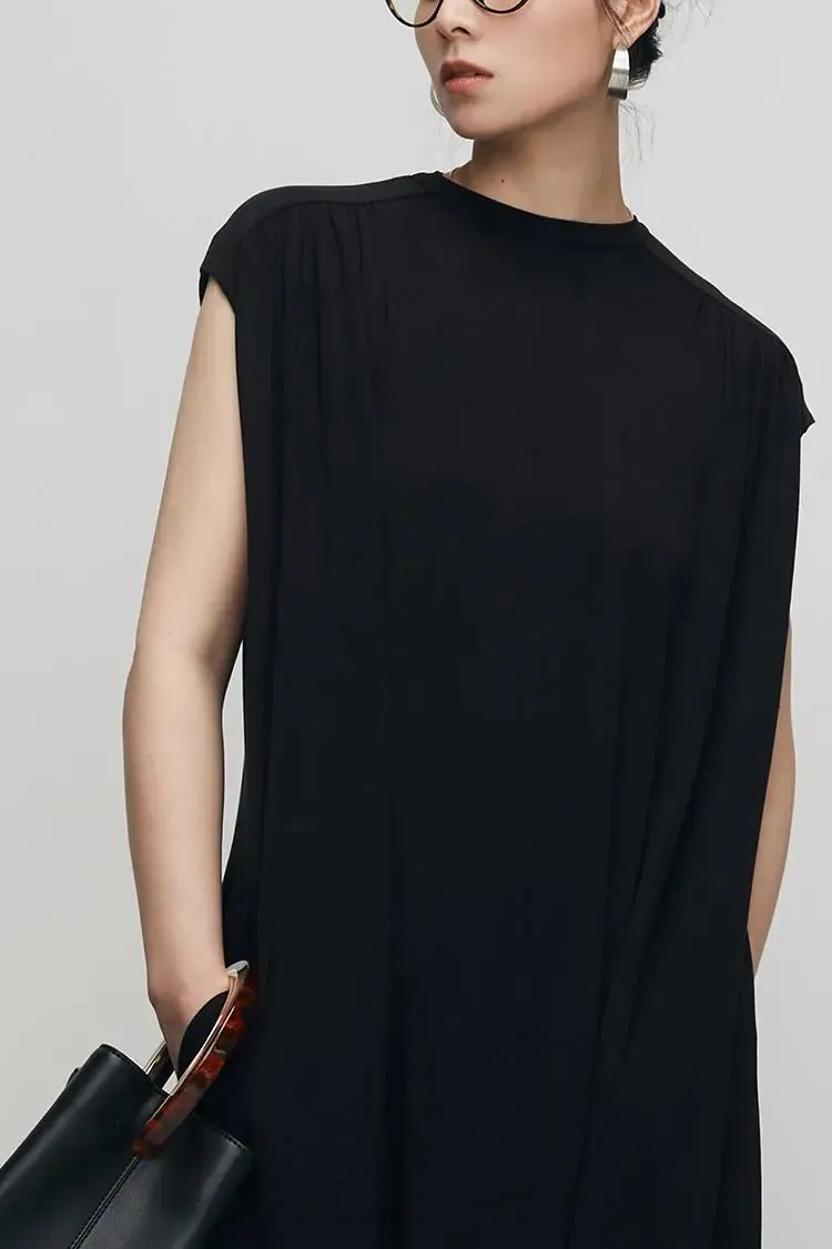 Oversized Padded Shoulder Acetate Sleeveless Shirt Dress