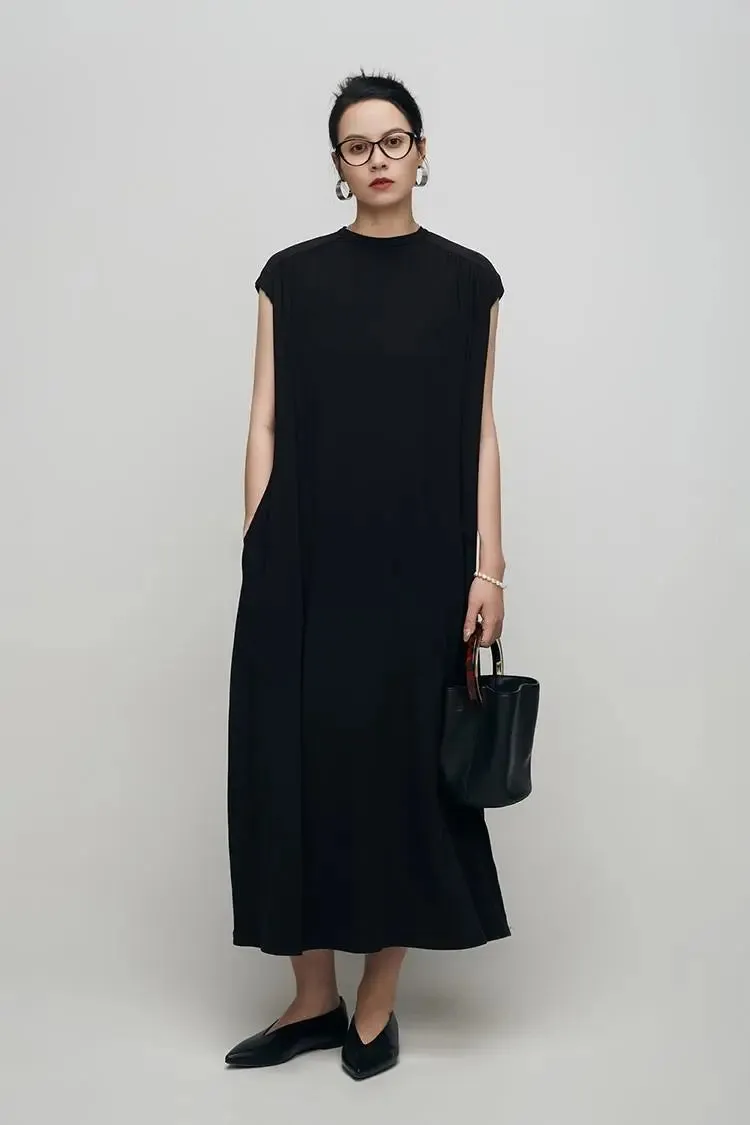 Oversized Padded Shoulder Acetate Sleeveless Shirt Dress