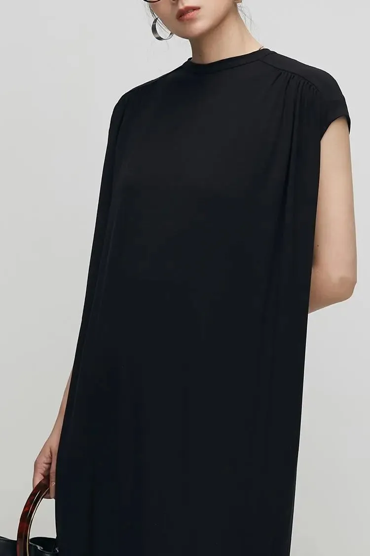 Oversized Padded Shoulder Acetate Sleeveless Shirt Dress