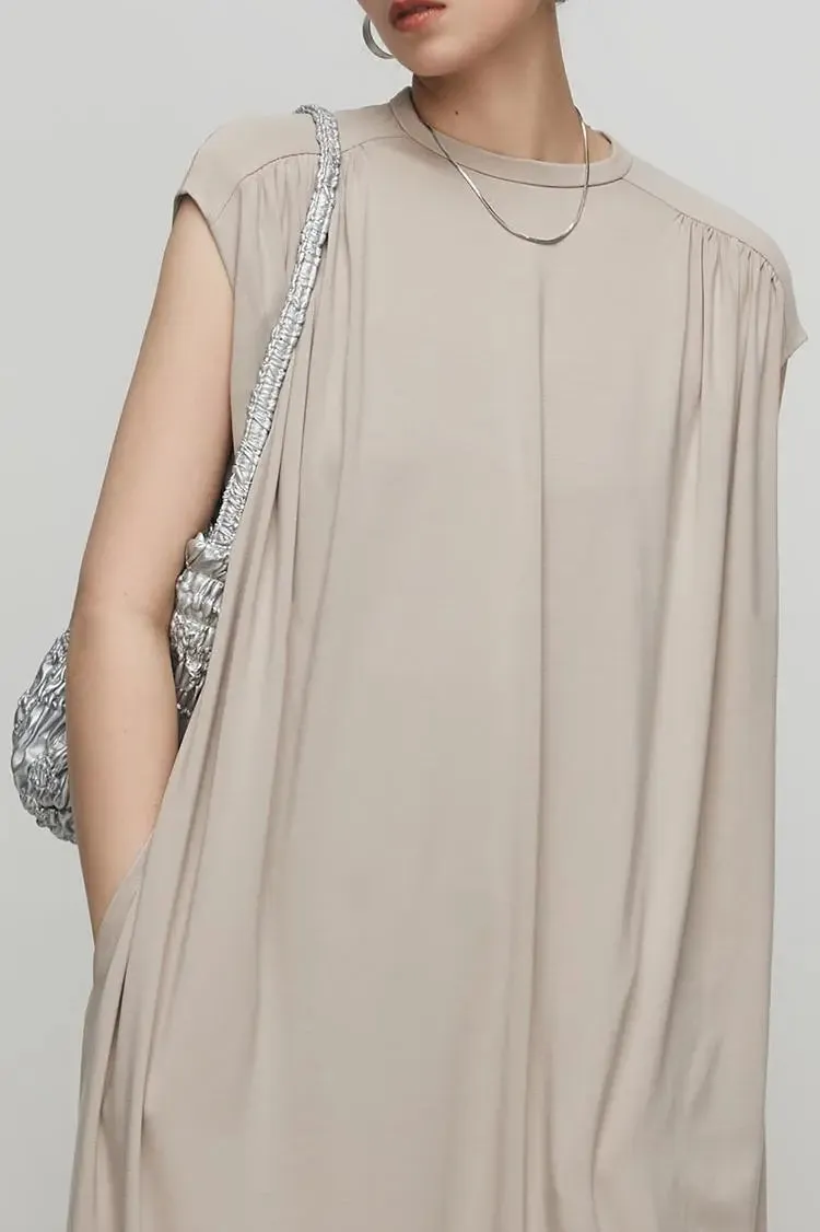 Oversized Padded Shoulder Acetate Sleeveless Shirt Dress