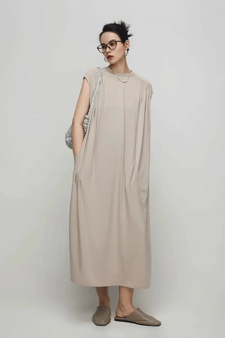 Oversized Padded Shoulder Acetate Sleeveless Shirt Dress