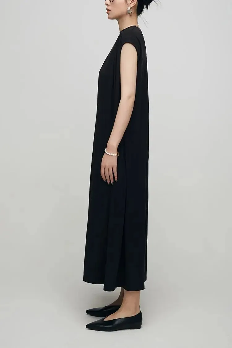 Oversized Padded Shoulder Acetate Sleeveless Shirt Dress