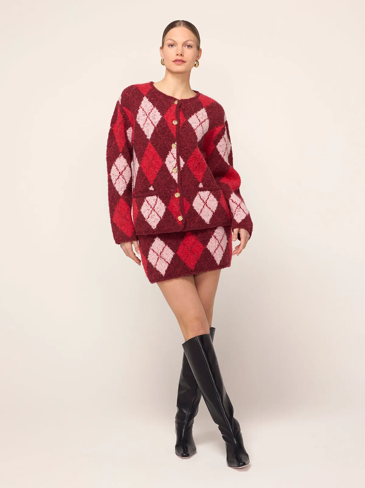 Pandora Burgundy Argyle Knit Cardigan