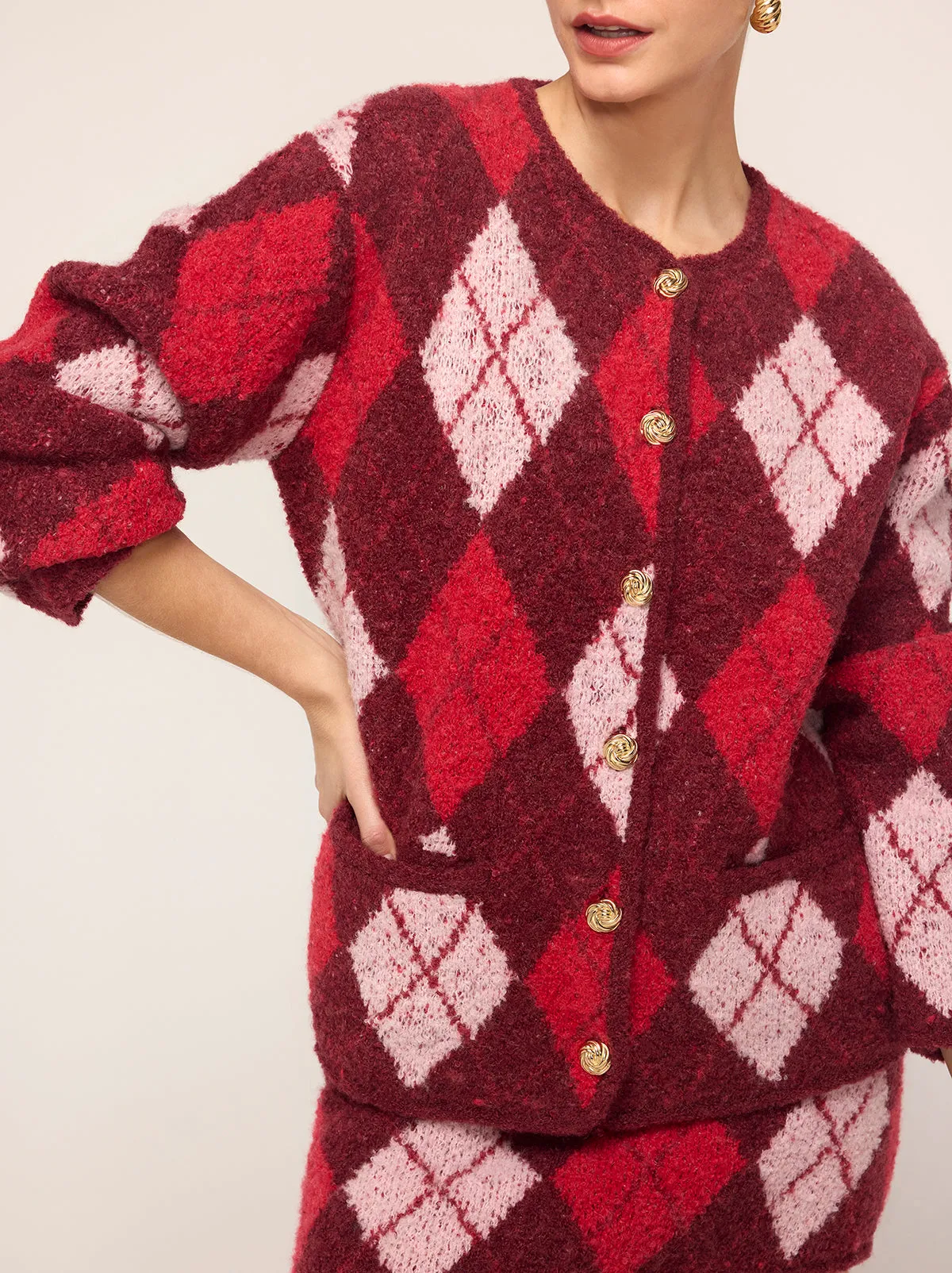 Pandora Burgundy Argyle Knit Cardigan