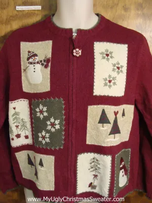 Patchwork Snowman Scenes Cute Holiday Sweater