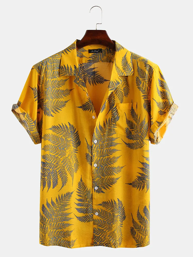 Pine Leaves Print Cotton Short Sleeve Relaxed Shirts