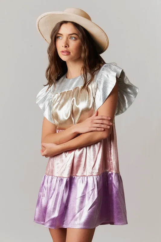 Pink/Lavender Multi Shiny Color Block Babydoll Mini Dress