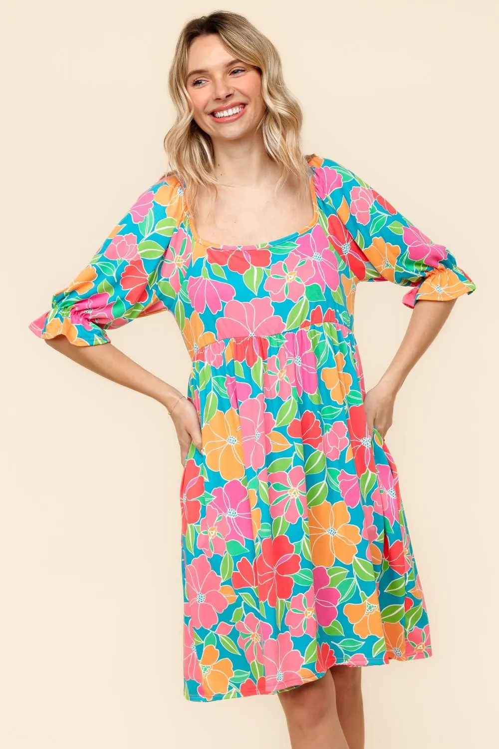 PLUS MIDI BABYDOLL DRESS W/ RUFFLE HEM SLEEVE