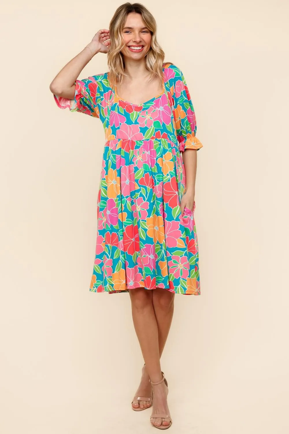 PLUS MIDI BABYDOLL DRESS W/ RUFFLE HEM SLEEVE