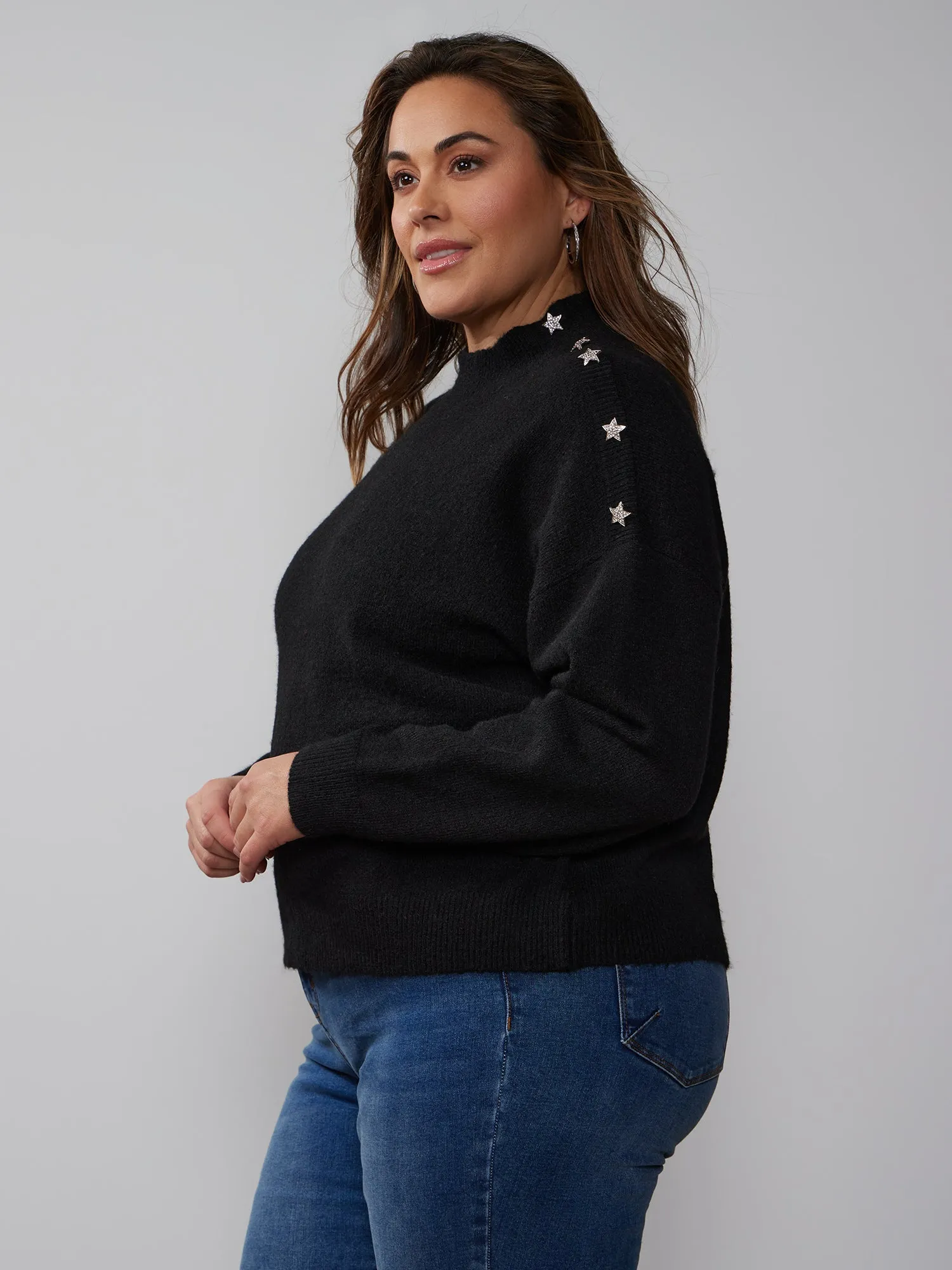 Plus Mock Neck Star Embellished Sweater