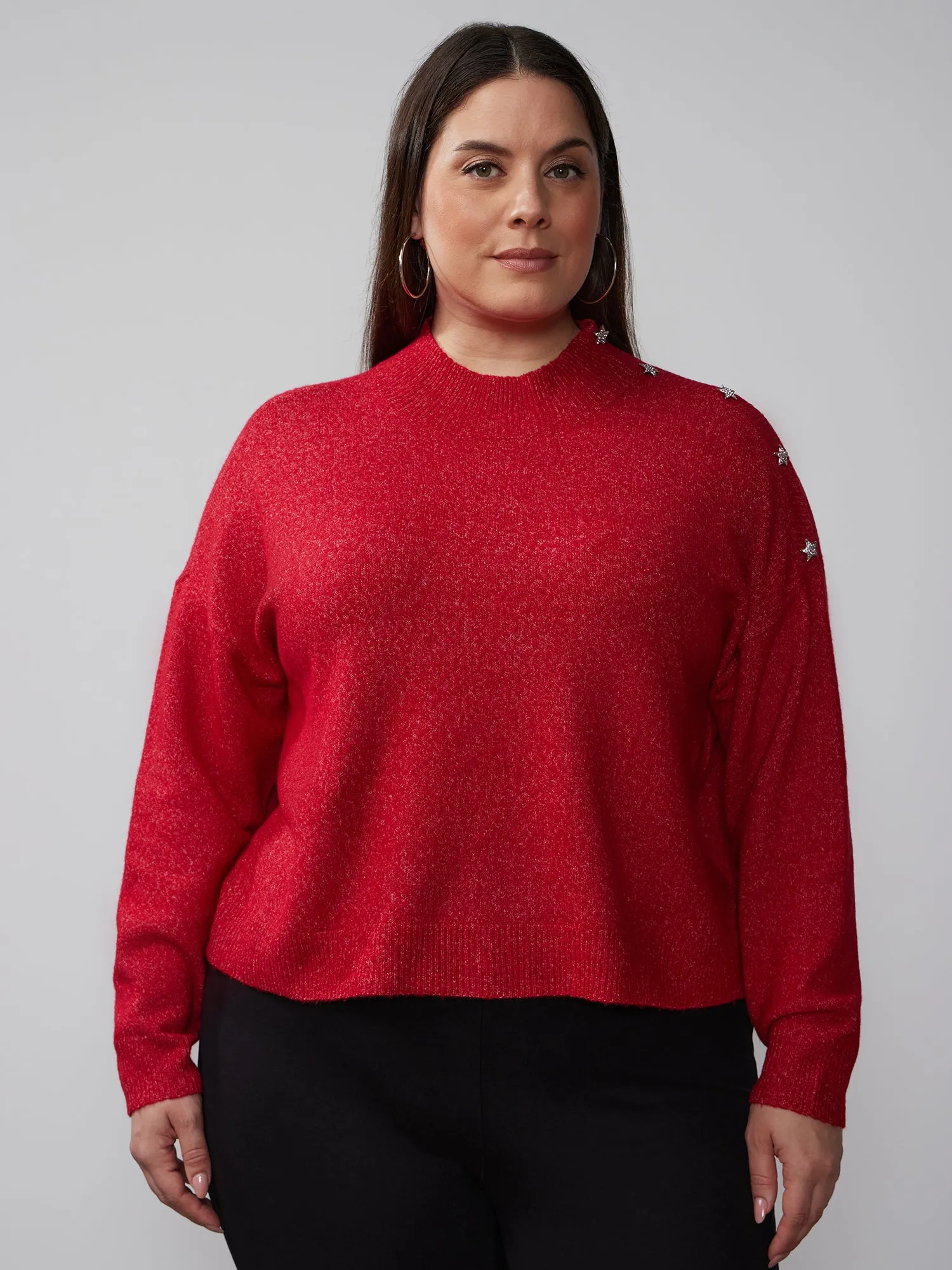 Plus Mock Neck Star Embellished Sweater