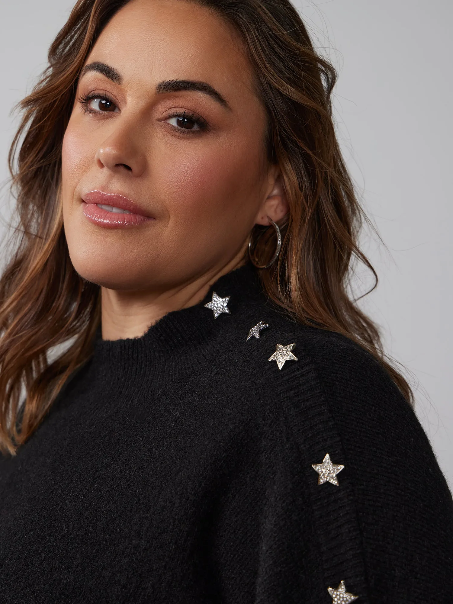 Plus Mock Neck Star Embellished Sweater