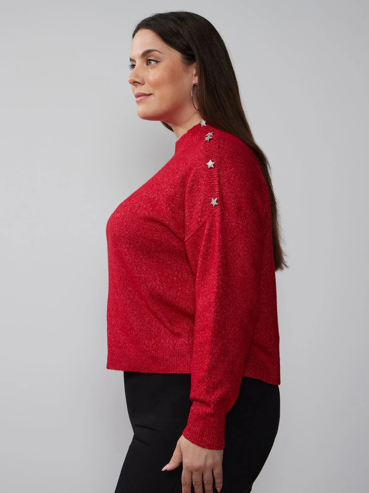Plus Mock Neck Star Embellished Sweater