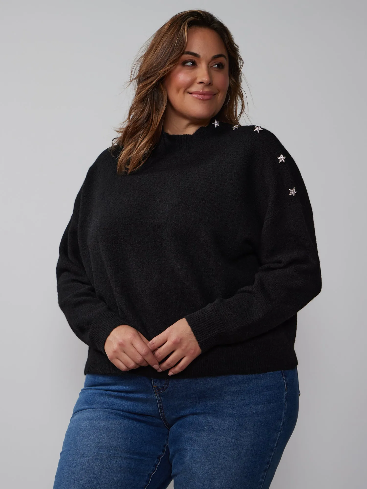 Plus Mock Neck Star Embellished Sweater