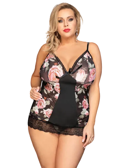Plus Size Floral Print Lace-up Babydoll Without Underwire Black