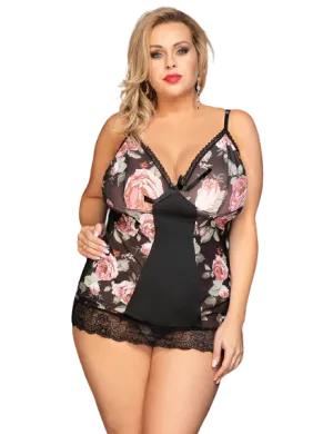 Plus Size Floral Print Lace-up Babydoll Without Underwire Black