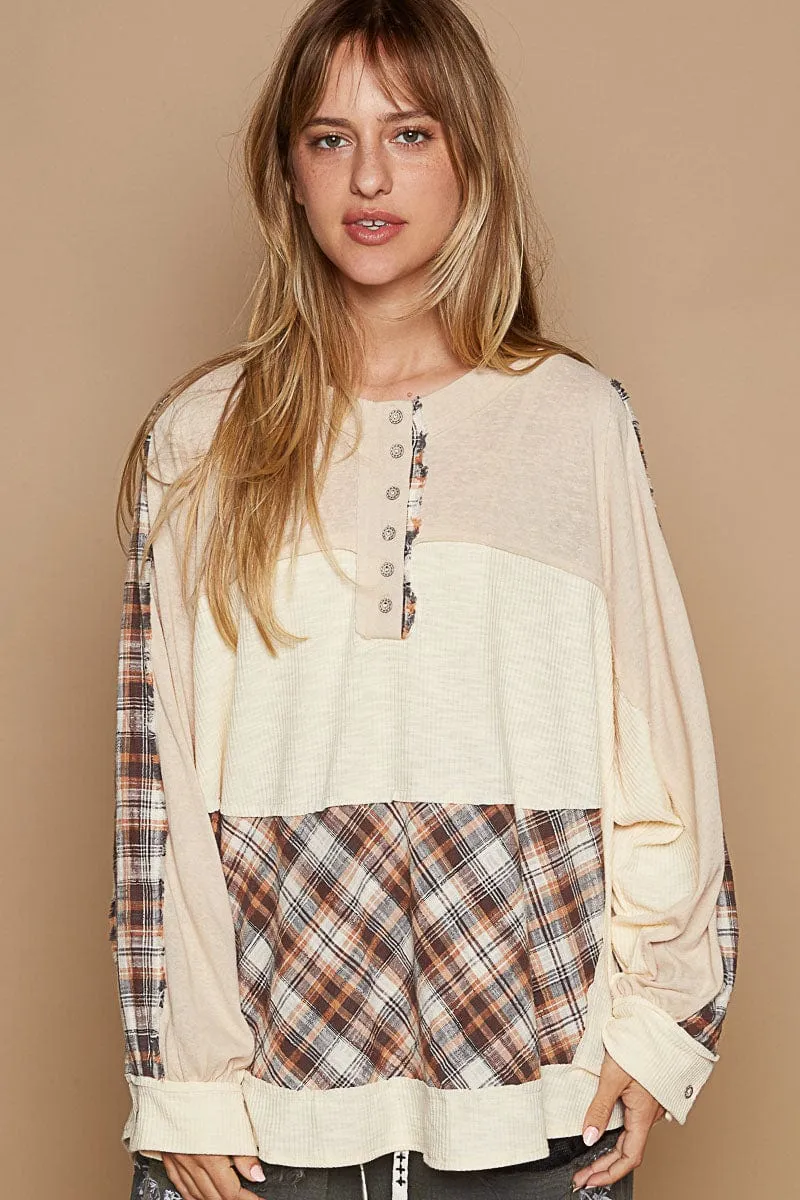POL Clothing Plaid Knit Mix Henley Neck Relaxed Fit Long Sleeve Top
