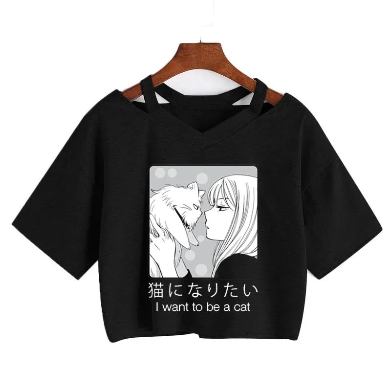"I want to be a cat" Crop T-Shirt With Cut-Outs