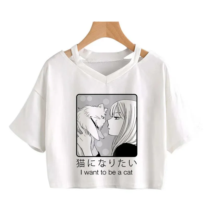 "I want to be a cat" Crop T-Shirt With Cut-Outs