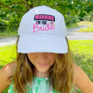 "Warning I'm the Bride" White Embroidered Distressed Hat