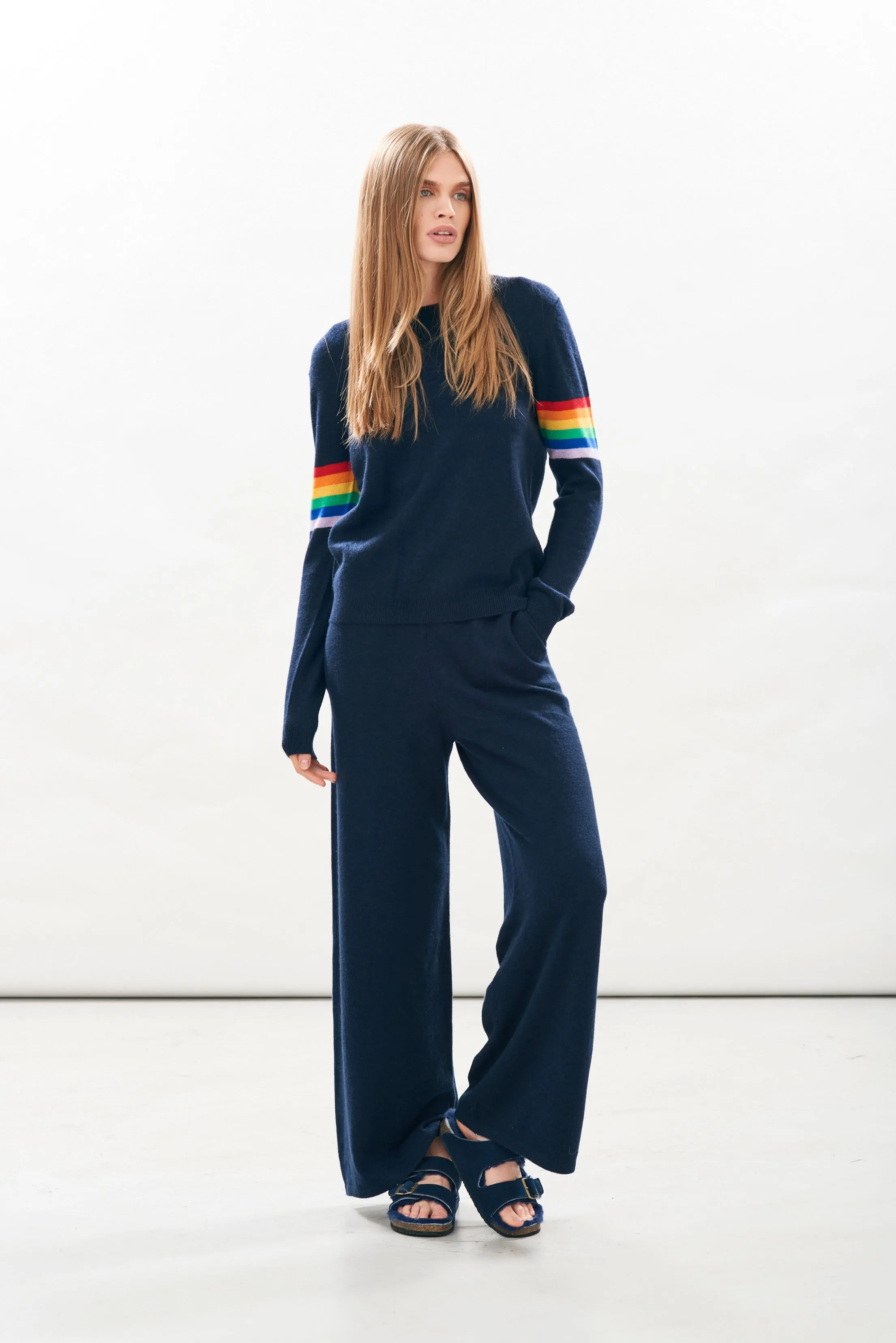 Rainbow Arms Cashmere Crew in Navy