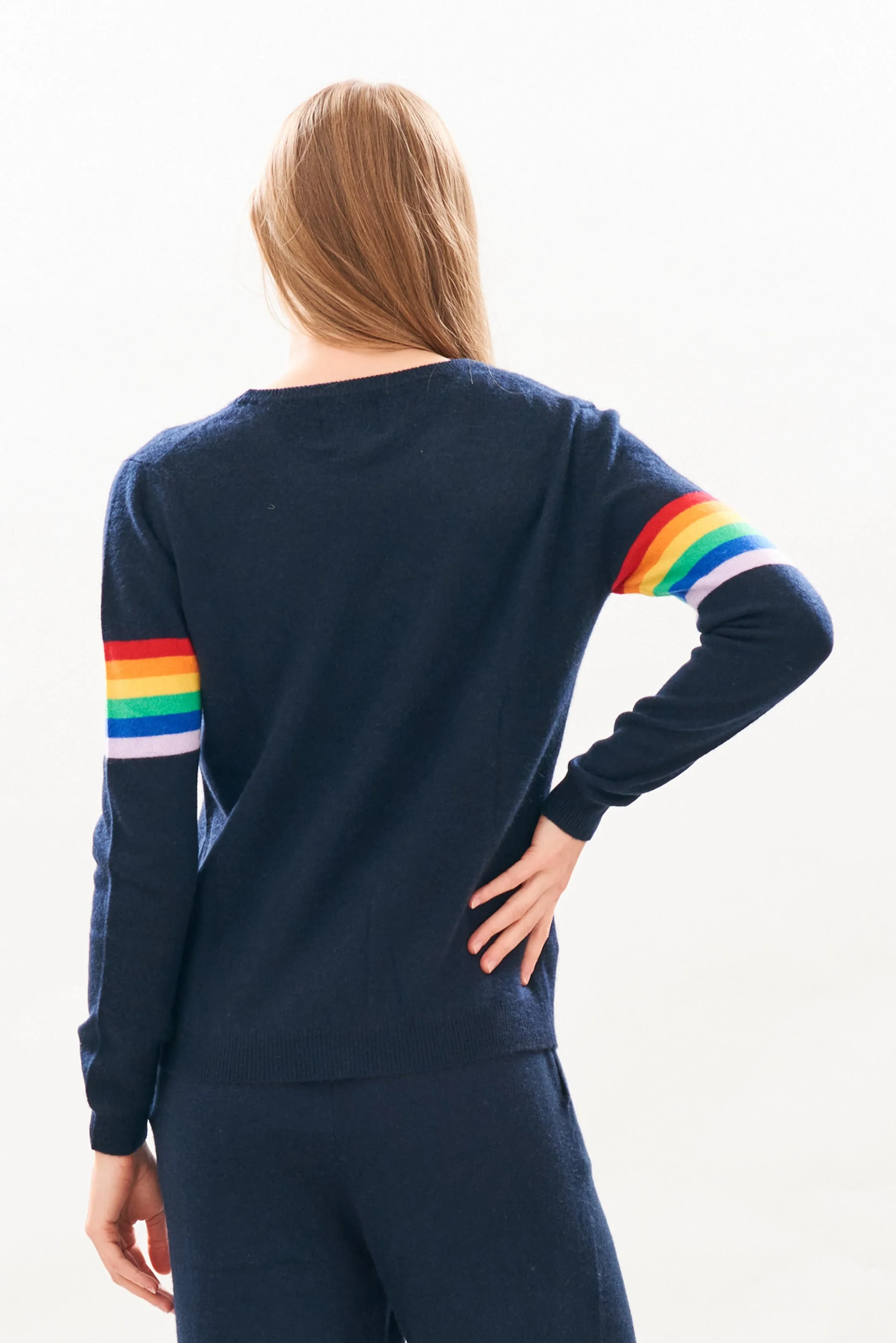 Rainbow Arms Cashmere Crew in Navy