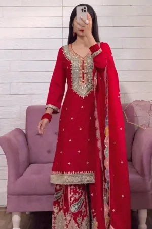 Red Colour Full Pair Sharara Suit For Karwa Chauth